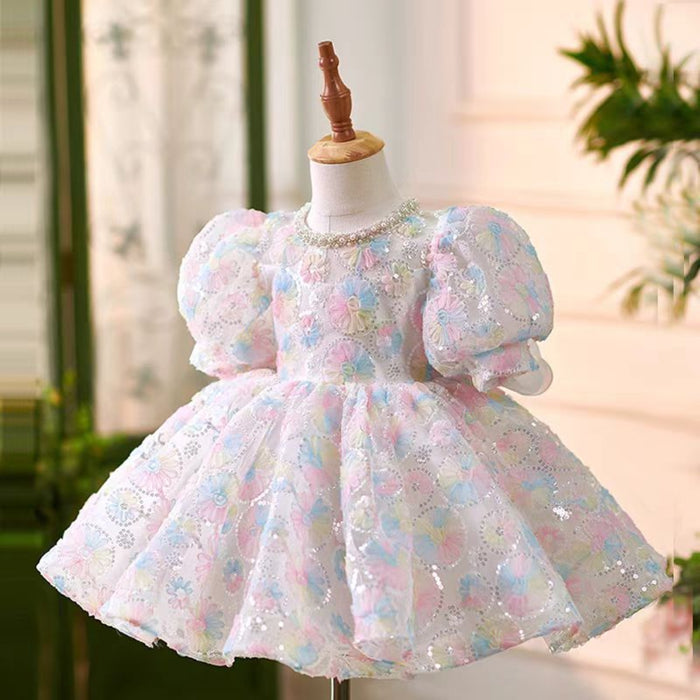 Cute O-Neck Sequined Pearl Flower Girl Dress With Bow J745