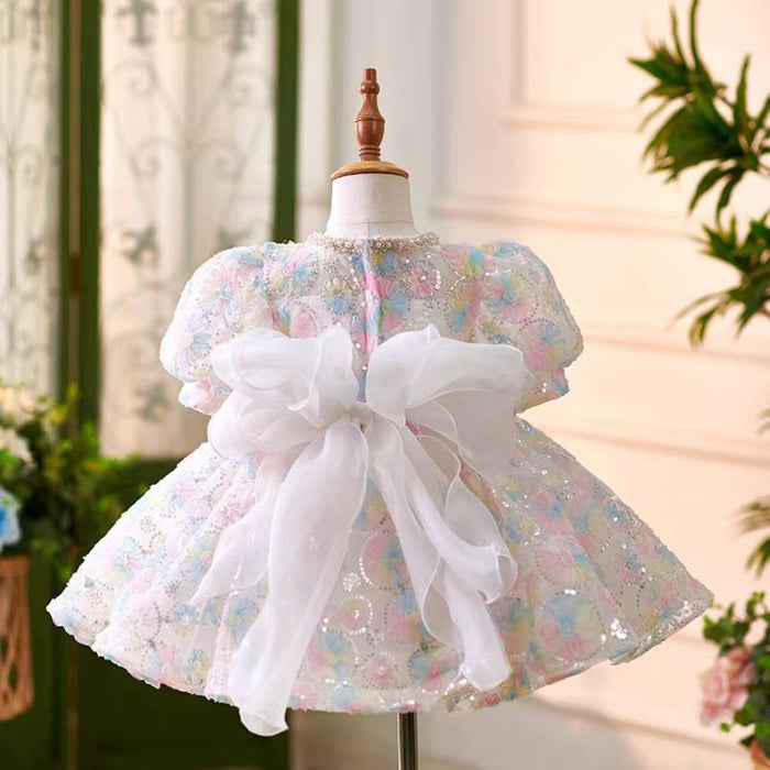 Cute O-Neck Sequined Pearl Flower Girl Dress With Bow J745