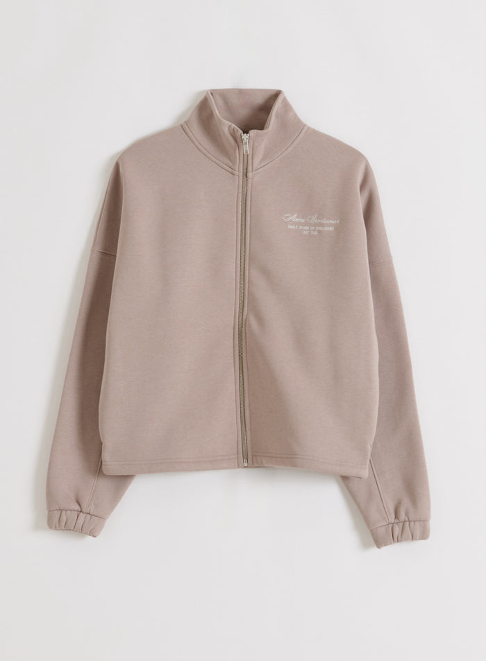 aim'n Dark Clay Script Zip Jacket, jossa on korkea kaulus, täyspitkä vetoketju ja logo. [M-170cm]