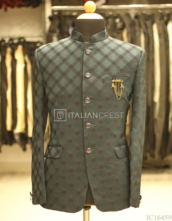 Dark Green Jacquard Jodhpuri Suit