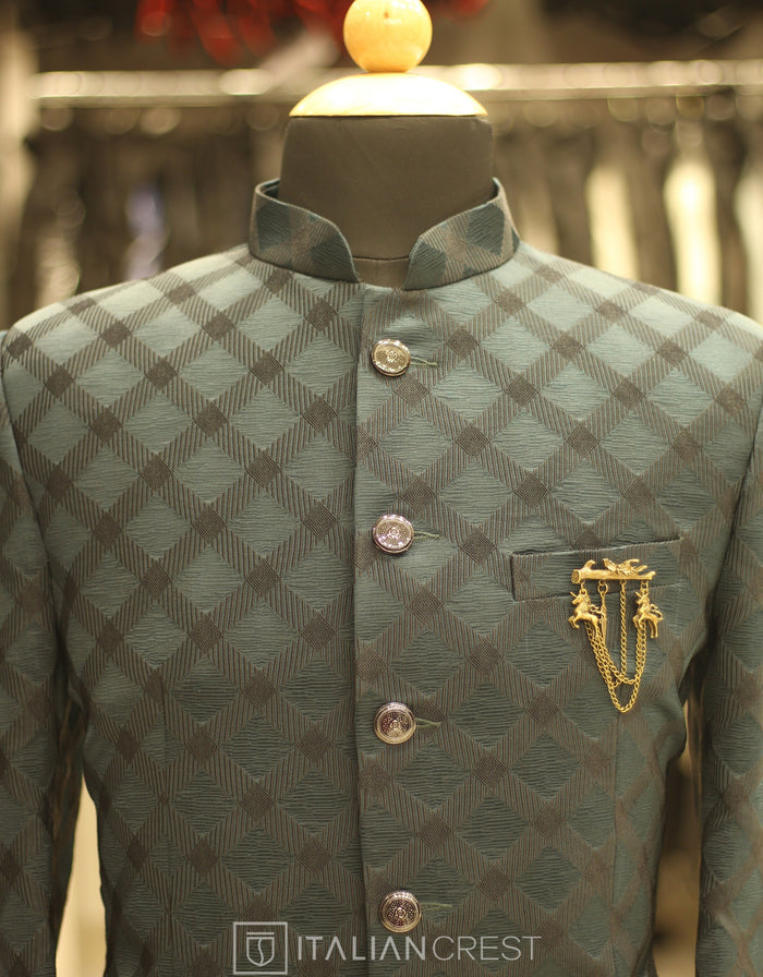 Dark Green Jacquard Jodhpuri Suit