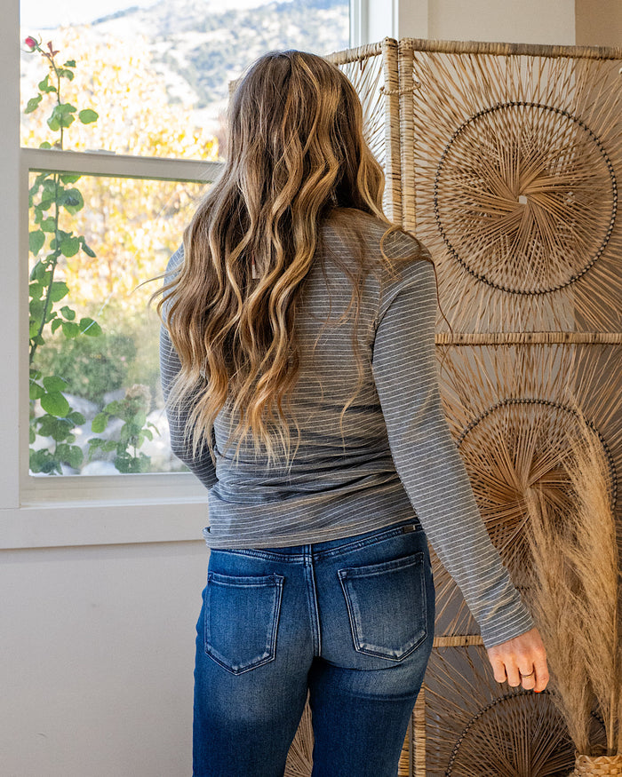Dawn Striped Henley Long Sleeve Top - Charcoal Michelle Mae