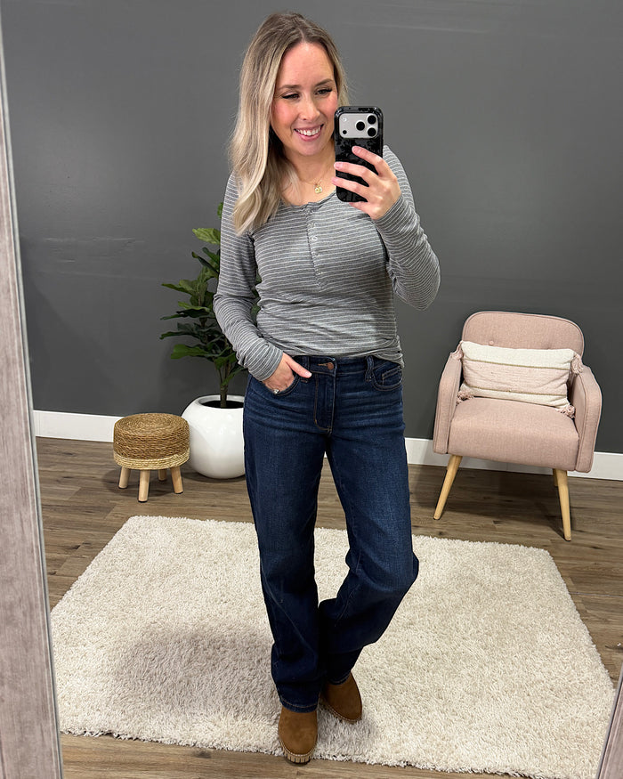 Dawn Striped Henley Long Sleeve Top - Charcoal Michelle Mae