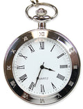 Silver Plated Deco Open Face Quartz Pocket Watch with Chain