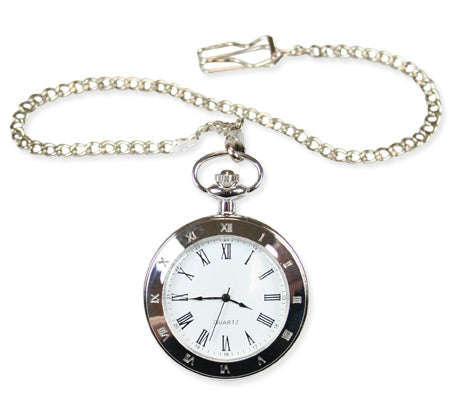 Silver Plated Deco Open Face Quartz Pocket Watch with Chain