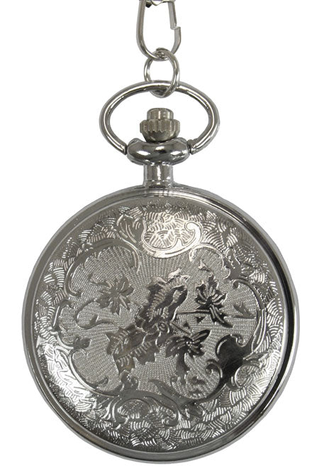 Silver Plated Deco Open Face Quartz Pocket Watch with Chain