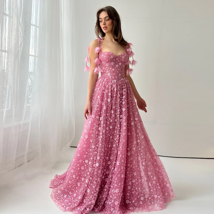Delicate Pink 3D Floral Spaghetti Evening Dress SS701