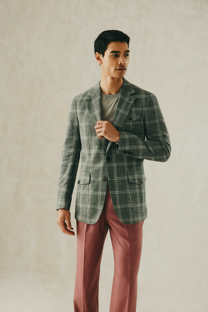 Dent Cotton Virgin Wool Check Blazer Green