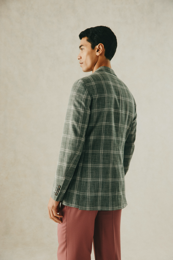 Dent Cotton Virgin Wool Check Blazer Green