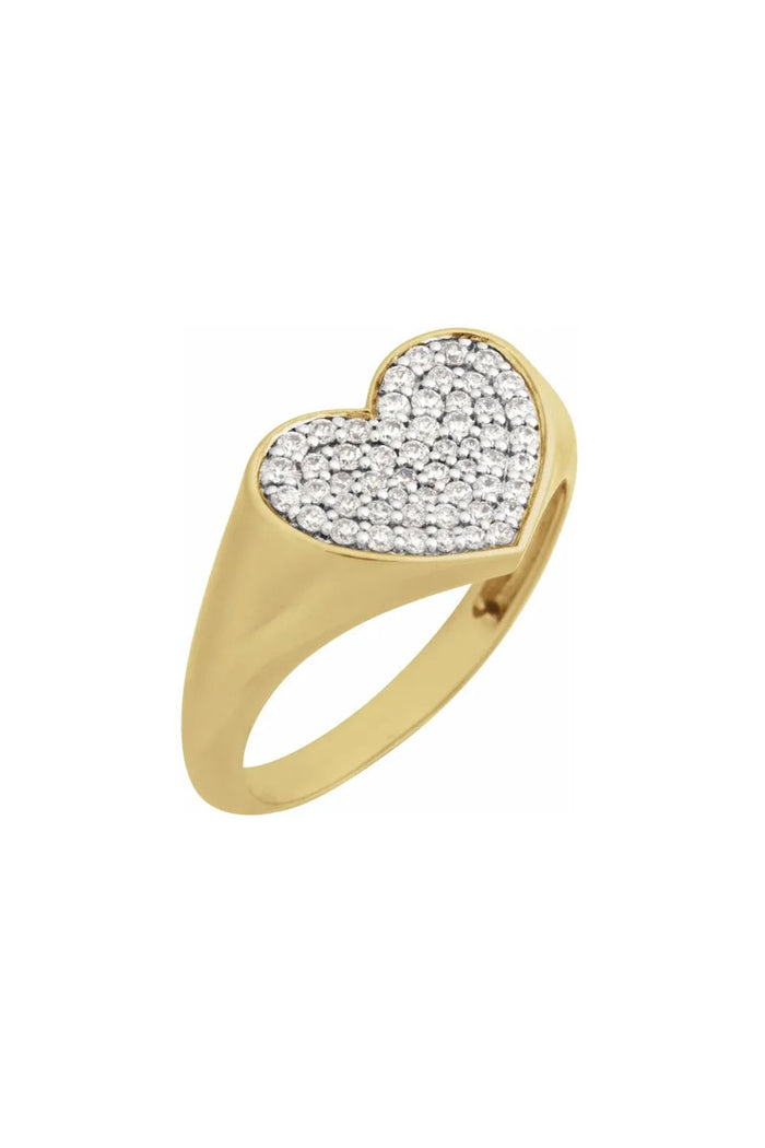 Diamond Pave Heart Signet Ring - 14k Yellow Gold & White Diamonds