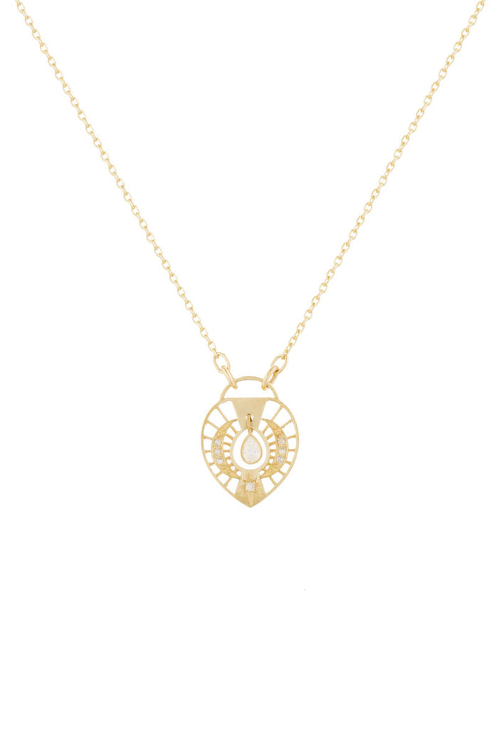 Diamond Pear Moon and Star Open Heart Necklace - Yellow Gold