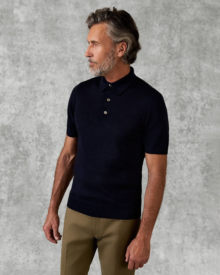 Dicken Merino Wool Silk Cashmere Polo Shirt Navy