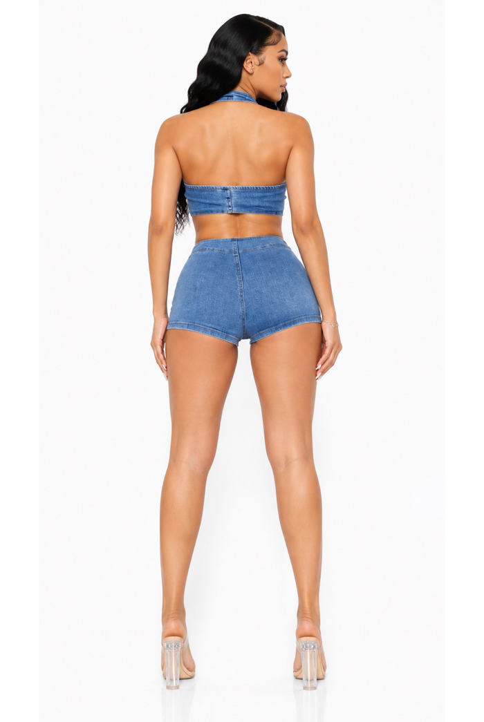 Dinner - Denim Stretch High Waist Two Piece Short Set