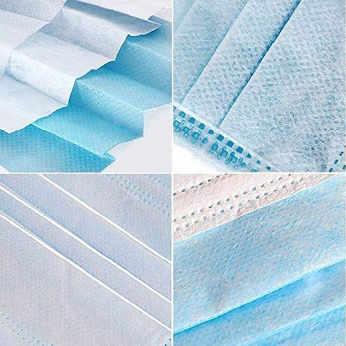 Collage of close-up images of blue medical face masks showing different layers and textures.