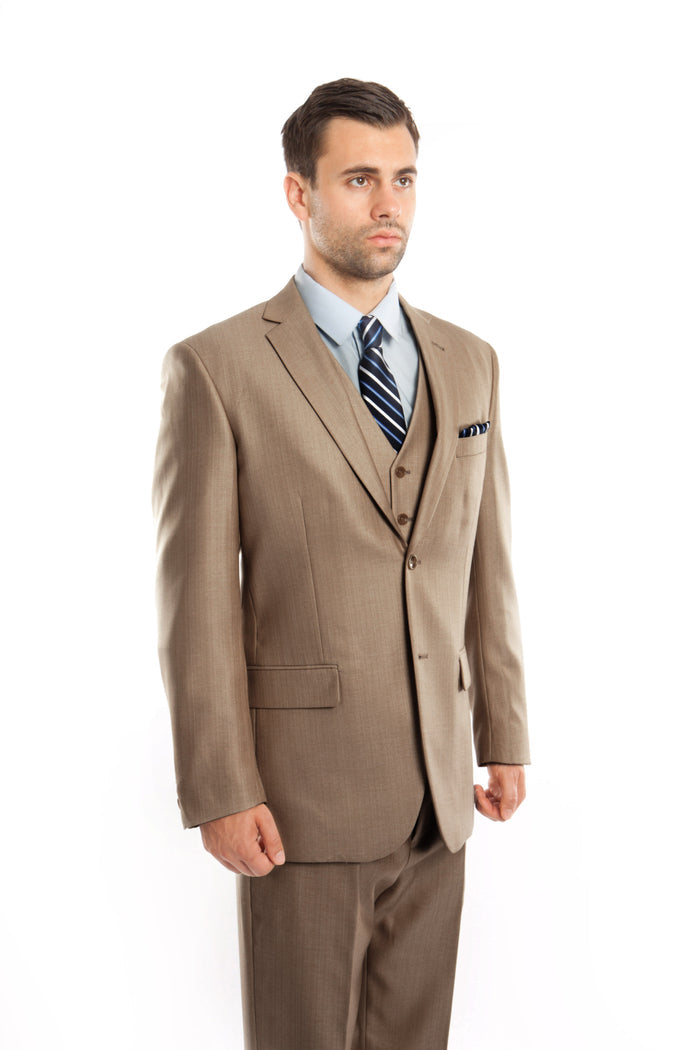 Dk Tan Solid Shiny Sharkskin 3-PC Regular Modern Fit Suits For Men - Giorgio's Menswear