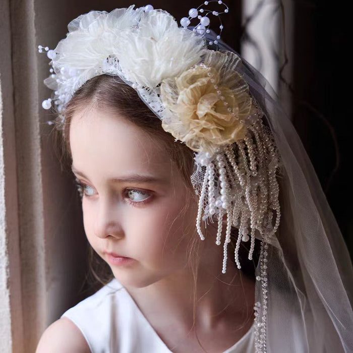 Dreamy Girls Headdress Fairy Dress Accessories Eyebrow Pendant Flower Girl Birthday Tassel Headband Veil W027