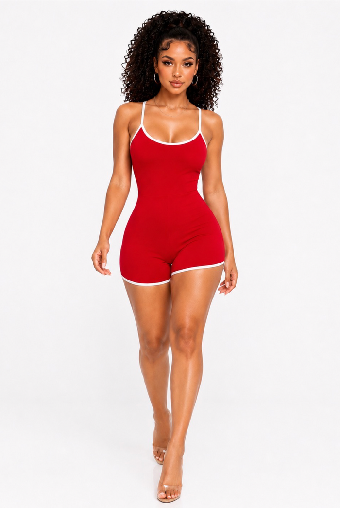 Easy Does It - Spaghetti Strap Dolphin Trim Short Romper