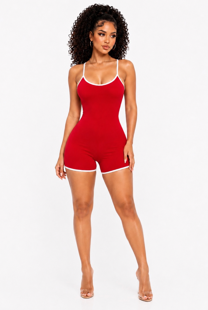Easy Does It - Spaghetti Strap Dolphin Trim Short Romper
