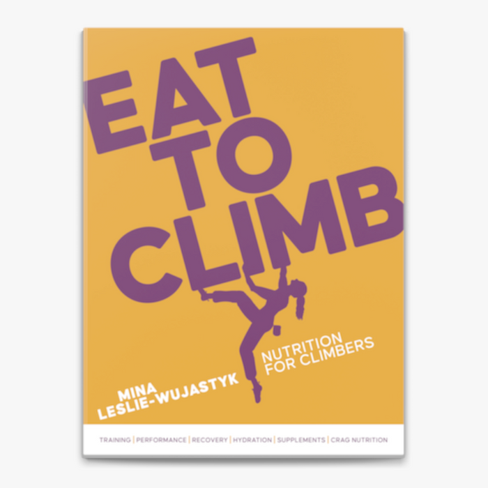 Book cover of 'Eat to Climb' with a silhouette of a climber on a yellow background