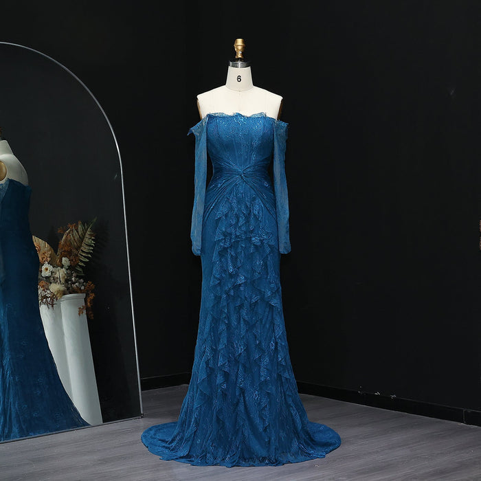 Elegant Blue Off Shoulder Lace Evening Dress SF519