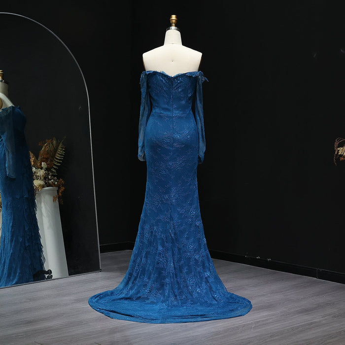 Elegant Blue Off Shoulder Lace Evening Dress SF519