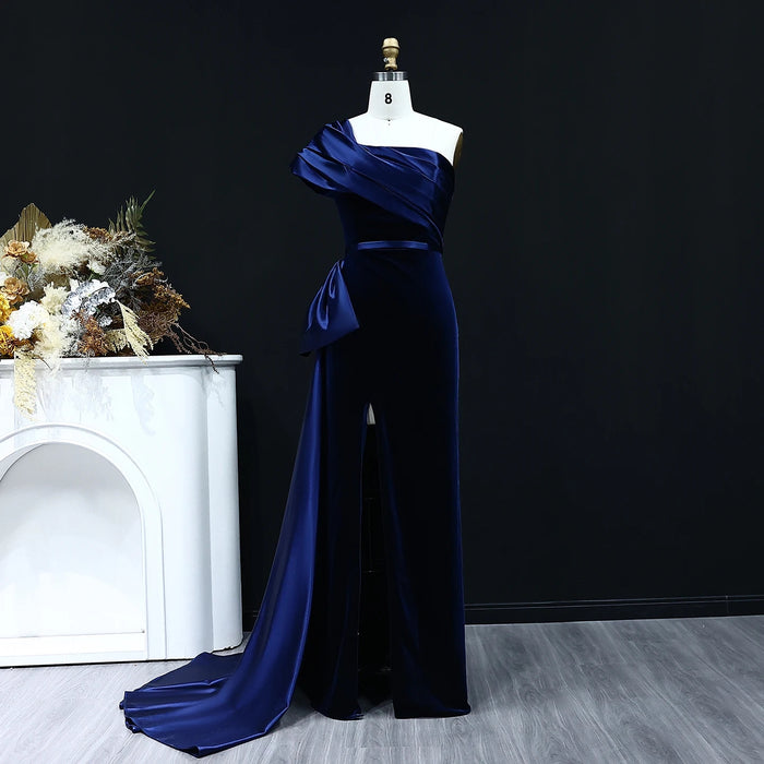 Elegant Dark Blue One Shoulder Evening Dress SF369