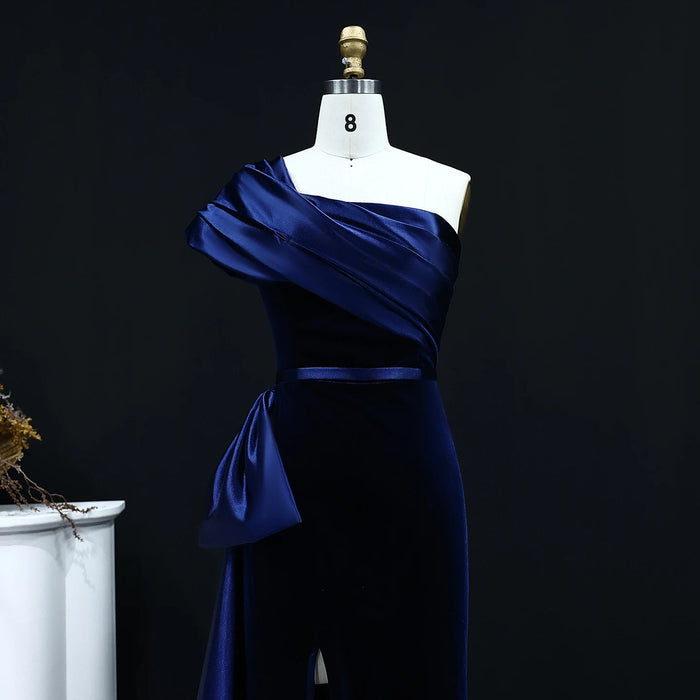 Elegant Dark Blue One Shoulder Evening Dress SF369