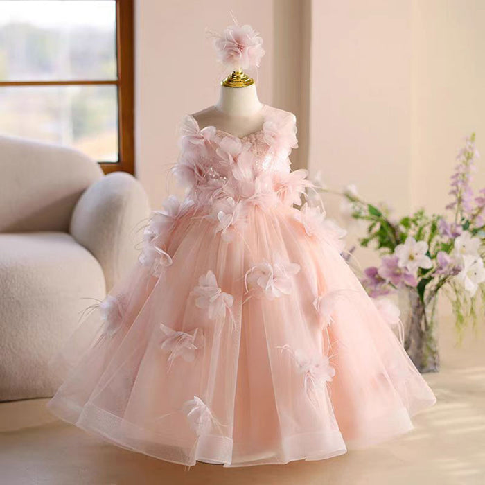 Elegant O-Neck Fur 3D Flowers Tulle Girl Dress Sleeveless J816