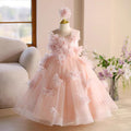 Elegant O-Neck Fur 3D Flowers Tulle Girl Dress Sleeveless J816