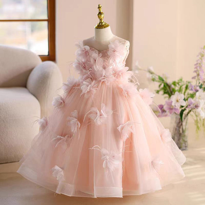 Elegant O-Neck Fur 3D Flowers Tulle Girl Dress Sleeveless J816