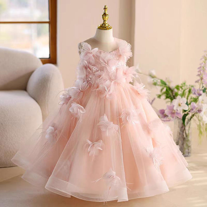 Elegant O-Neck Fur 3D Flowers Tulle Girl Dress Sleeveless J816