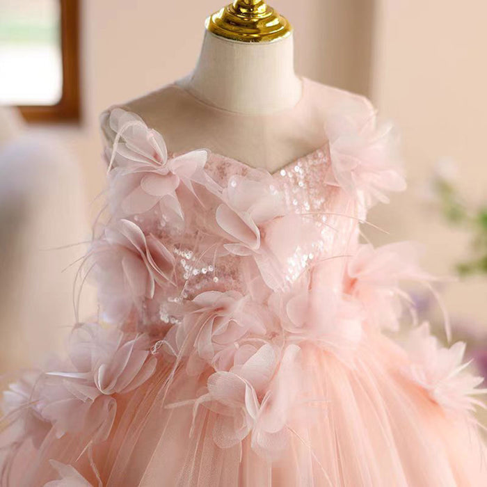 Elegant O-Neck Fur 3D Flowers Tulle Girl Dress Sleeveless J816