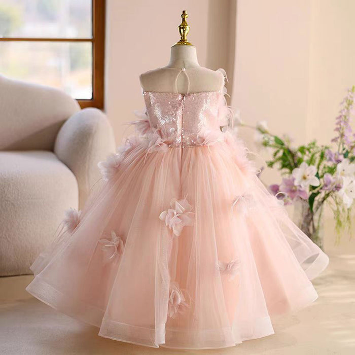 Elegant O-Neck Fur 3D Flowers Tulle Girl Dress Sleeveless J816