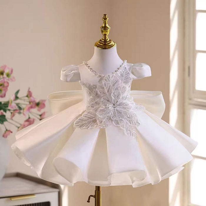 Elegant O-Neck Sequined Pearl Satin Flower Girl Dress With Bow White J531