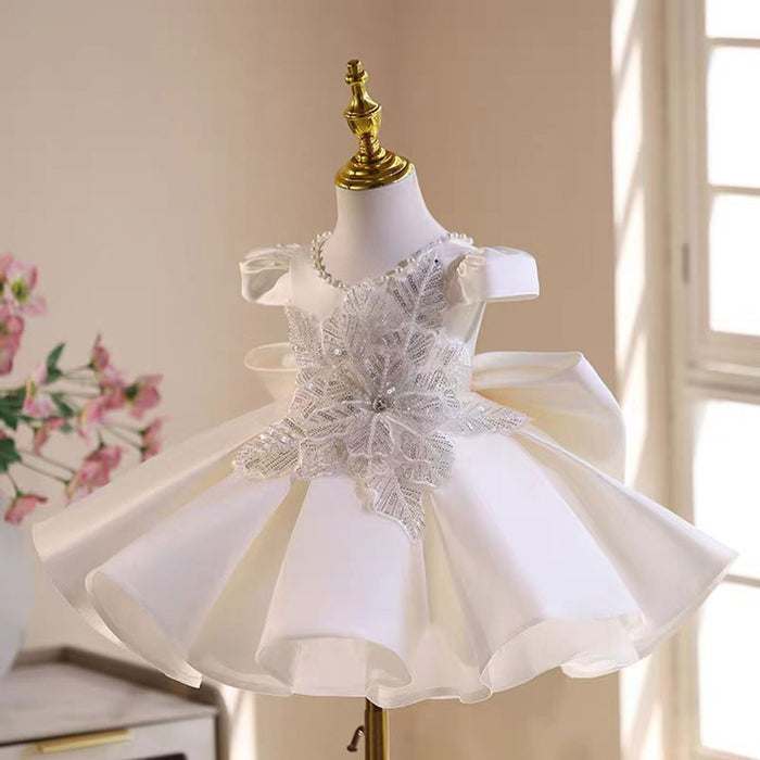 Elegant O-Neck Sequined Pearl Satin Flower Girl Dress With Bow White J531