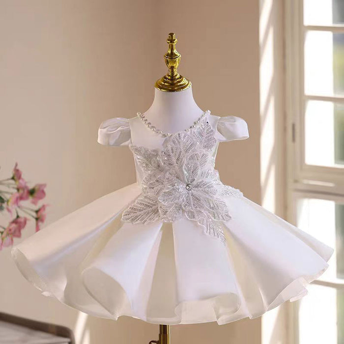 Elegant O-Neck Sequined Pearl Satin Flower Girl Dress With Bow White J531
