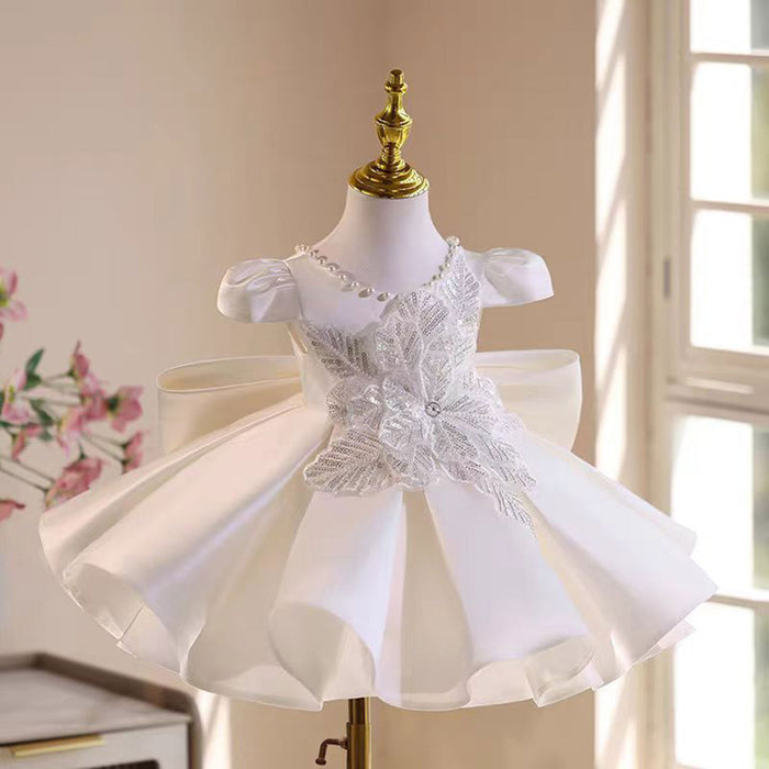 Elegant O-Neck Sequined Pearl Satin Flower Girl Dress With Bow White J531