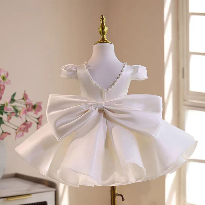 Elegant O-Neck Sequined Pearl Satin Flower Girl Dress With Bow White J531