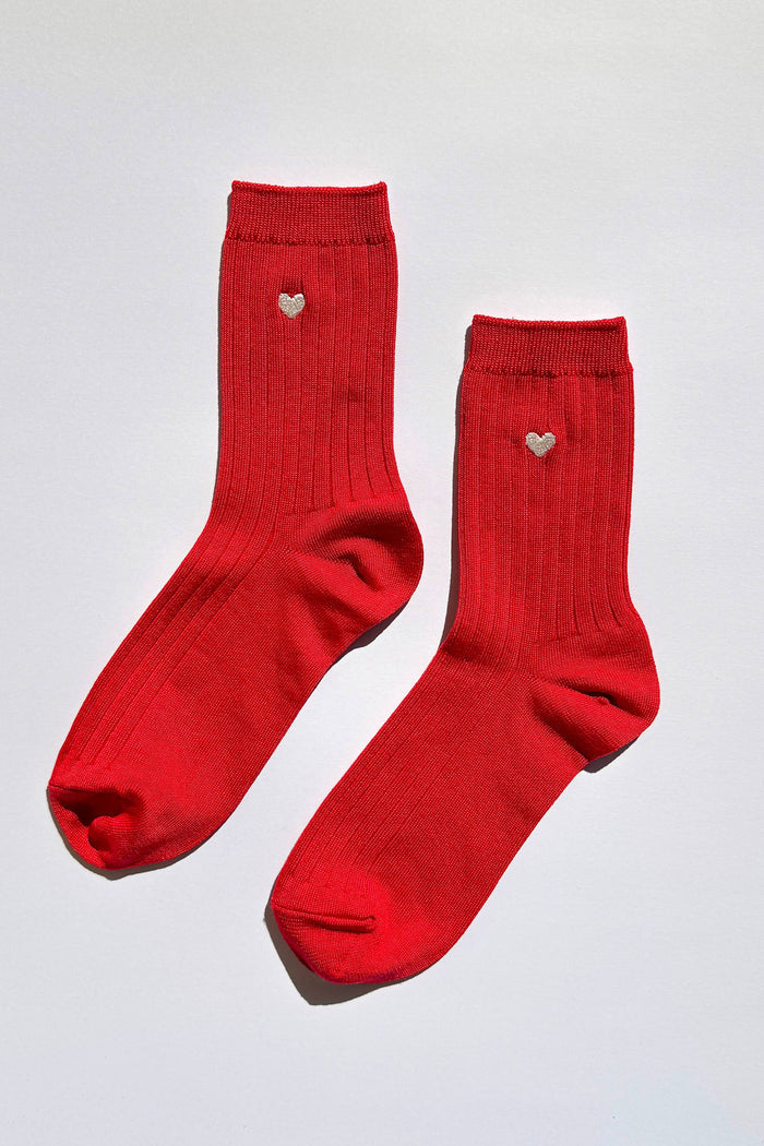Embroidered Her Socks - Mercerized Combed Cotton Rib - Classic Red + Heart