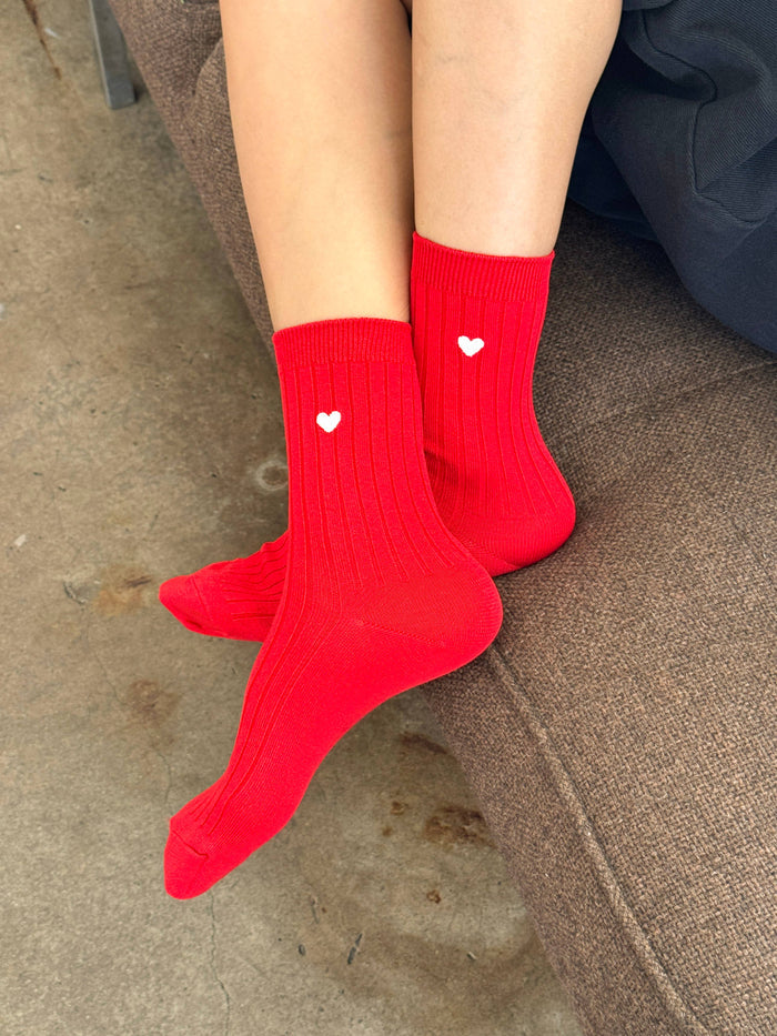 Embroidered Her Socks - Mercerized Combed Cotton Rib - Classic Red + Heart