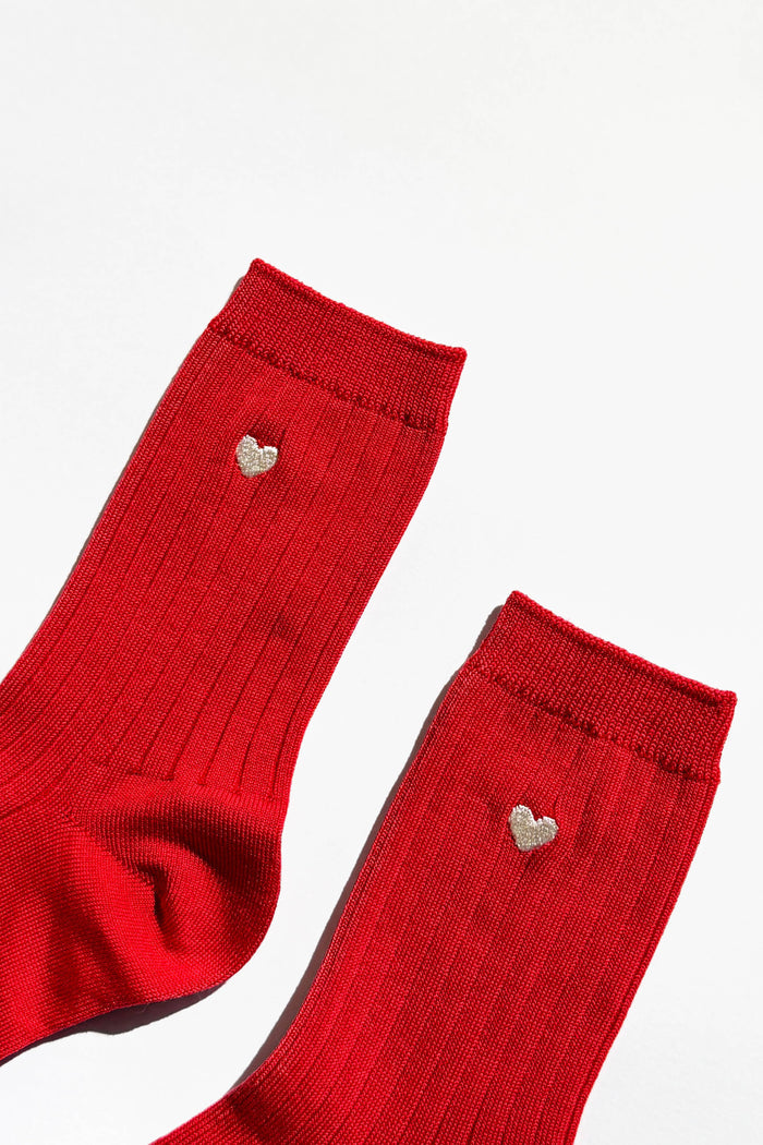 Embroidered Her Socks - Mercerized Combed Cotton Rib - Classic Red + Heart