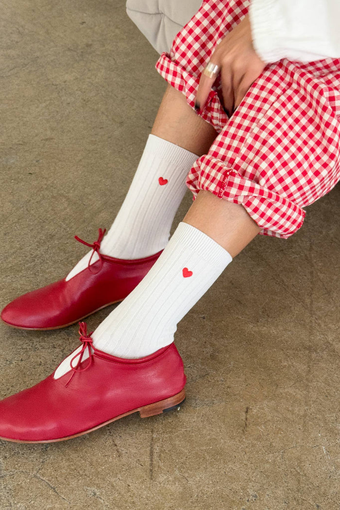 Embroidered Her Socks - Mercerized Combed Cotton Rib - Classic Red + Heart