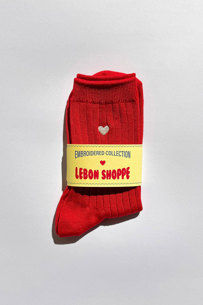 Embroidered Her Socks - Mercerized Combed Cotton Rib - Classic White + Heart