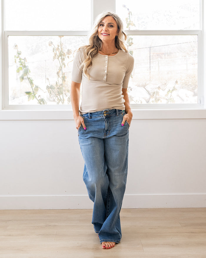 Emmy Micro Ribbed Henley Top - Taupe Lovely Melody