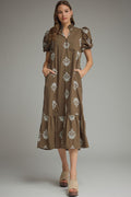 ENTRO Botanical Print Puff Sleeve Midi Dress In Brown