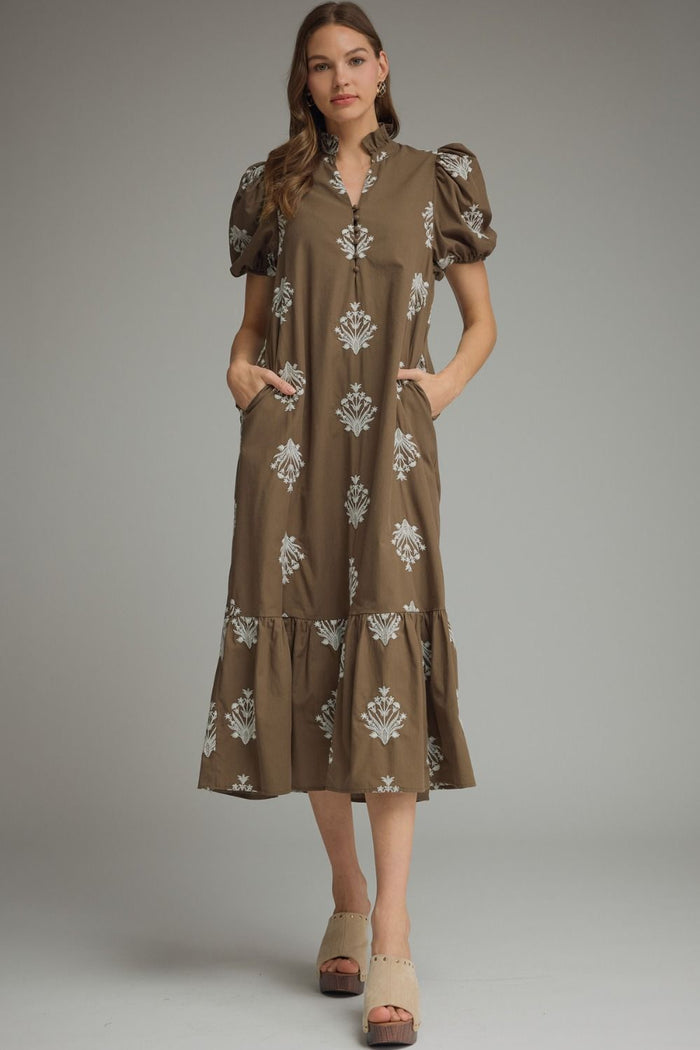 ENTRO Botanical Print Puff Sleeve Midi Dress In Brown