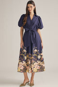 ENTRO Floral Border Print Midi Dress In Navy