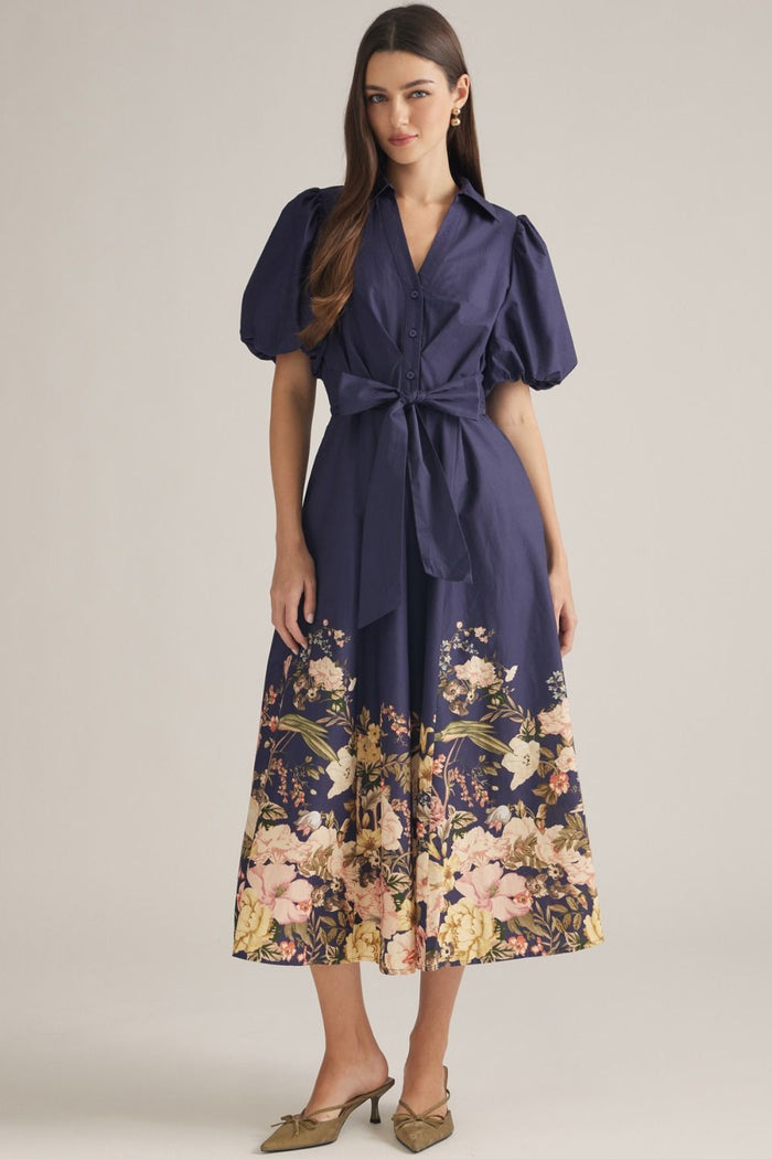 ENTRO Floral Border Print Midi Dress In Navy