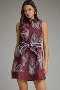 ENTRO Floral Embroidered Sleeveless Mini Dress In Wine