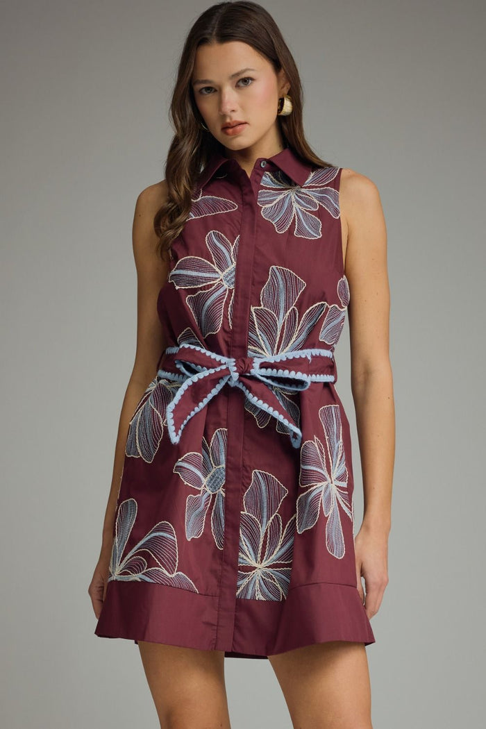ENTRO Floral Embroidered Sleeveless Mini Dress In Wine